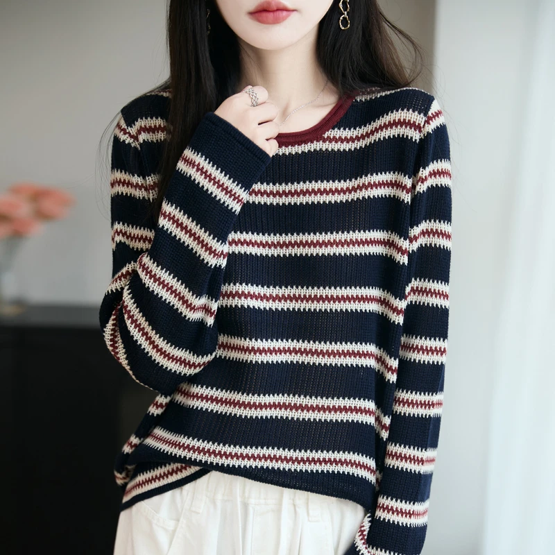 品牌女装正品秋季薄款条纹圆领长袖毛针织衫慵懒风时尚休闲上衣
