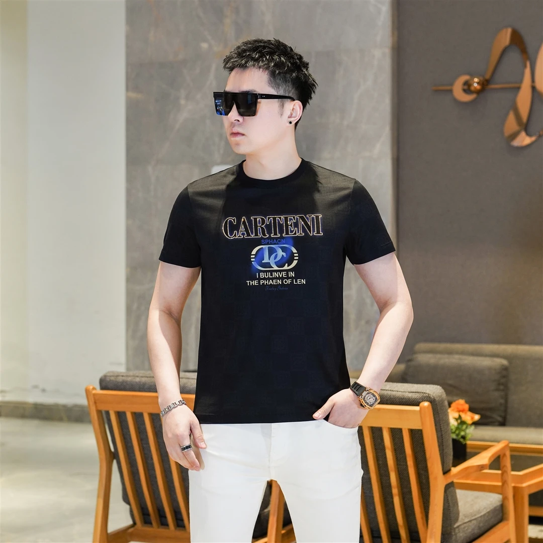 2025夏季高端轻奢欧货黑色时尚字母印花丝光棉短袖T恤潮男GL3303