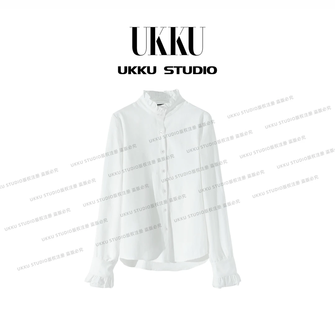 ZX【UKKUSTUDIO】小众纯色简约扣袖衬衫弧形百搭衬衫615187