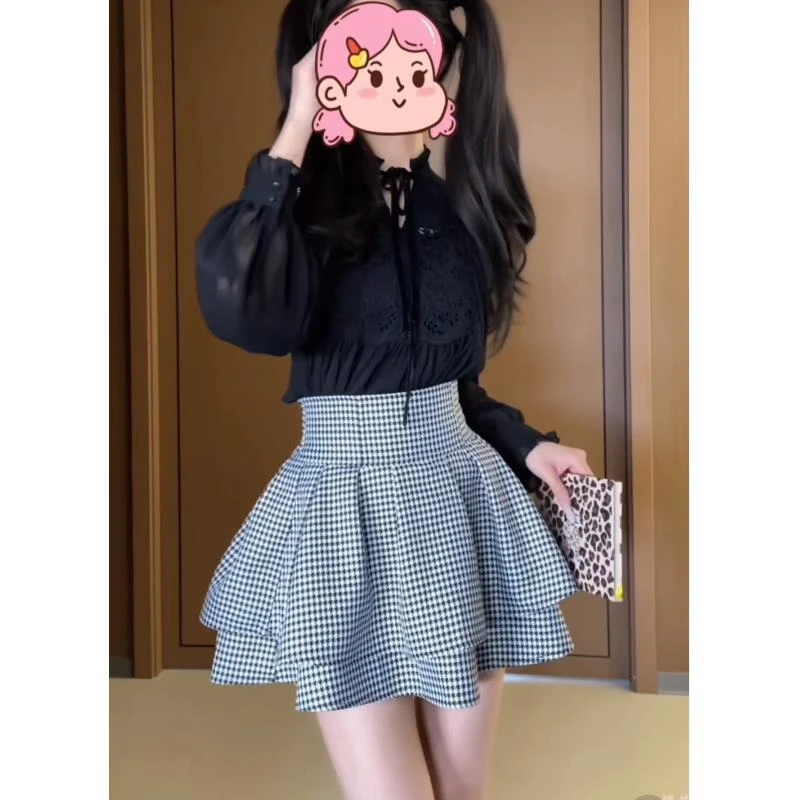 樱花妹妹     穿出漫画腿！高腰千鸟格层次感半身裙.