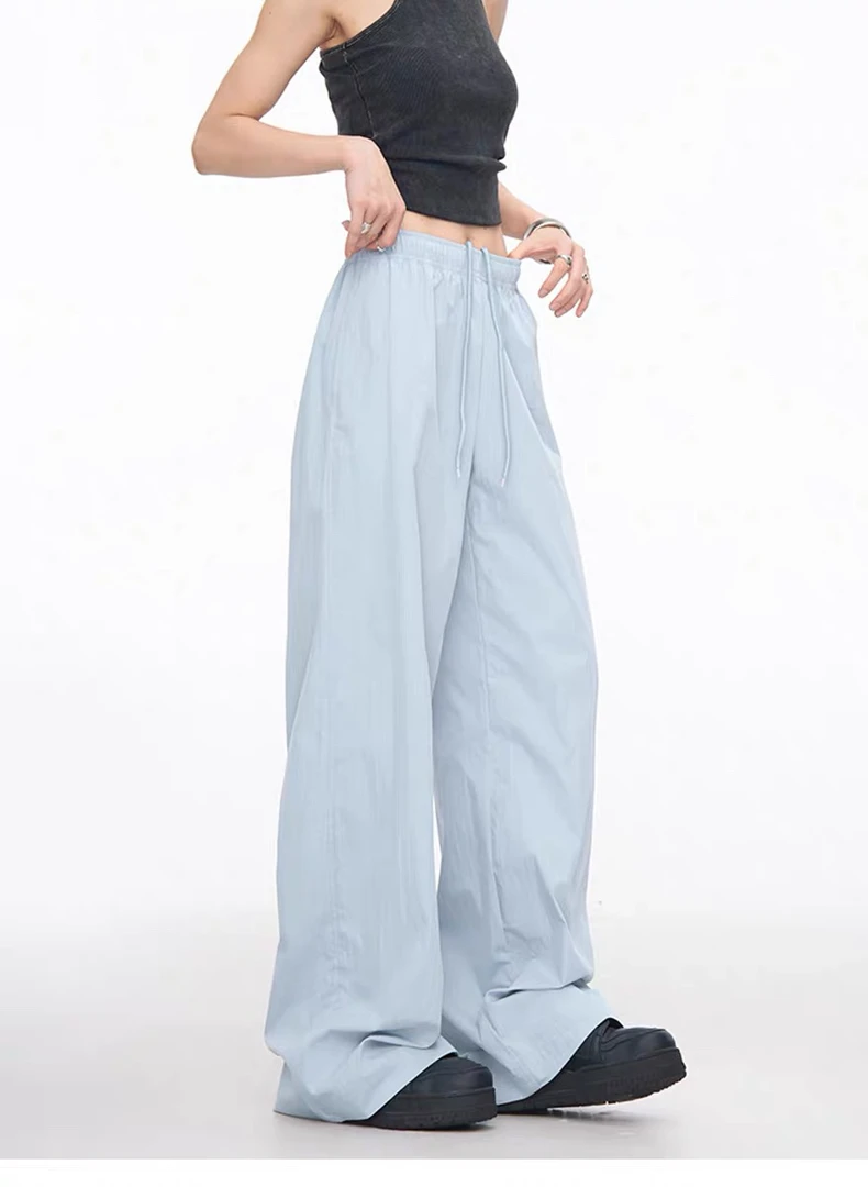 蓝色防晒美式工装裤阔腿休闲裤女2025春夏高腰显瘦抽绳宽松拖地裤