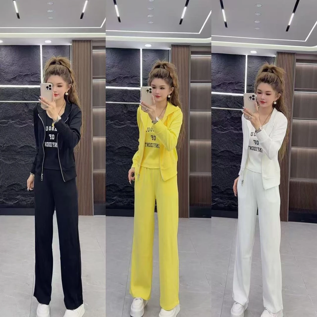 精品0977 运动休闲字母背心上衣 加 长袖外套 加 长裤 三件套