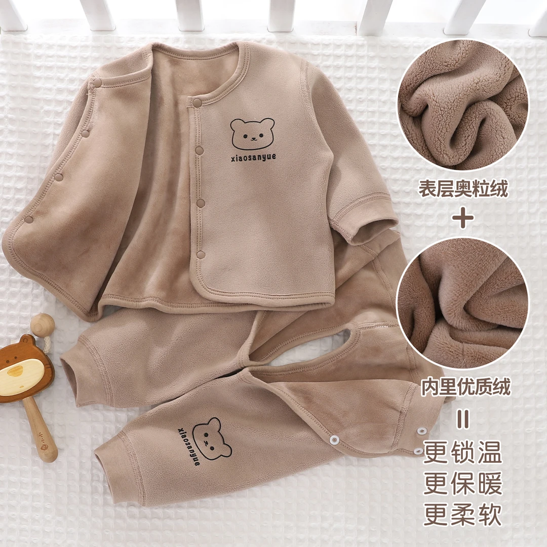 新生婴儿分体套装加绒加厚秋冬季加绒外套开衫小月龄宝保暖开裆裤