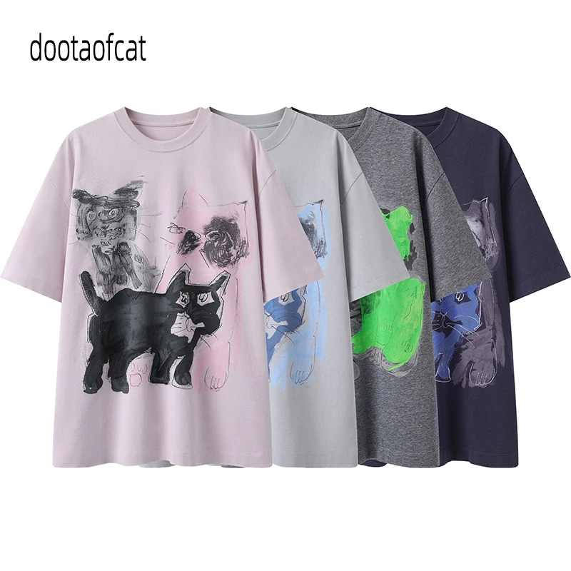 2025春新品通勤简约休闲百搭宽松卡通猫咪印花半袖T恤5P2112550
