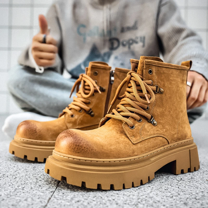 秋冬男士厚底增高情侣马丁靴复古潮流高帮真皮休闲工装靴大黄靴