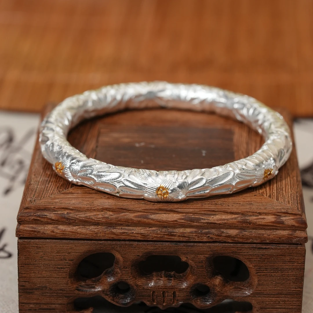 铜合金手镯 牡丹花点金闭口镀银手镯