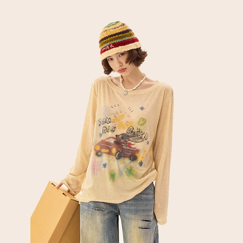 达蒙岛夏季原创美式复古涂鸦长袖t恤罩衫女恋夏风薄款慵懒防晒tee