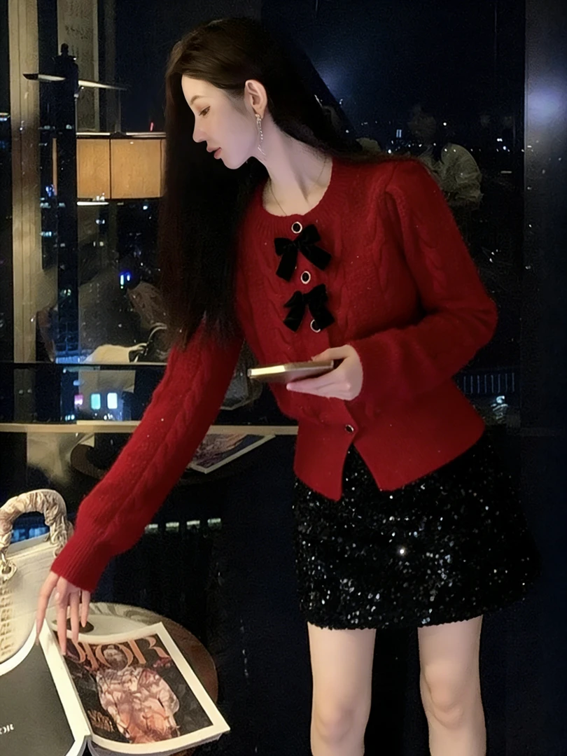 新年红色显白开衫小香风毛衣外套女秋冬新款时尚蝴蝶结洋气上衣潮