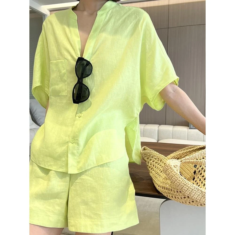 法式休闲大果绿色极简度假风气质夏日衫棉麻套装立领半袖衬衫短裤