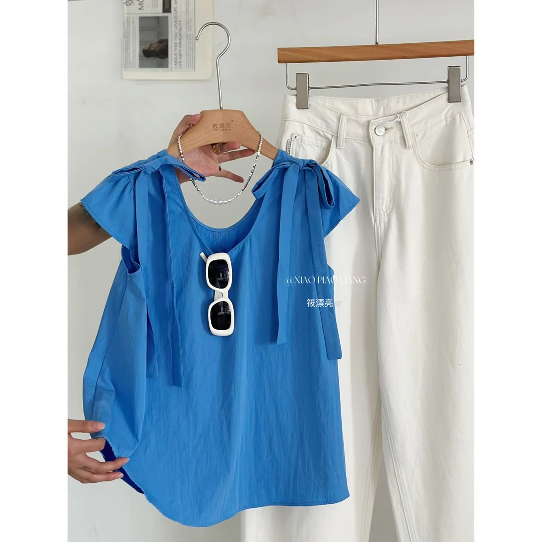 夏减龄蝴蝶结系带纽扣设计感U领飞飞袖纯色短袖上衣2860#0.15 jj