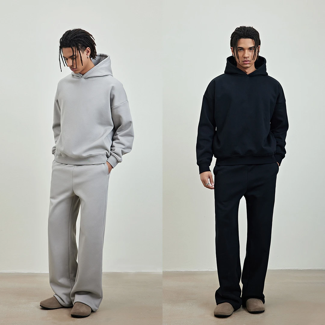 SINONOME 450G重磅美式慵懒宽松加绒连帽卫衣直筒卫裤遛狗套装 冬