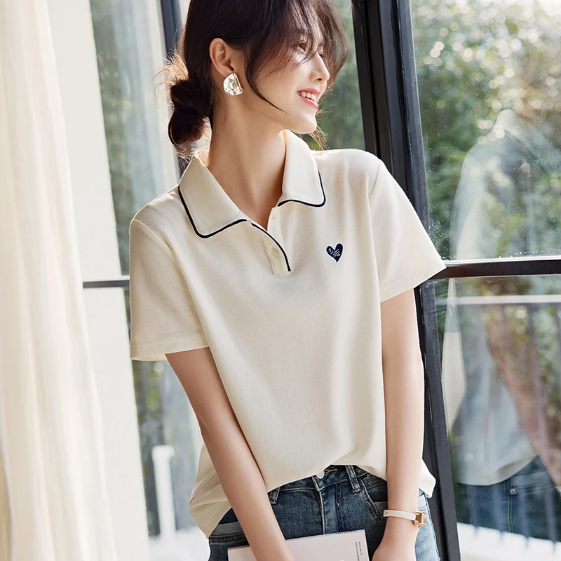 魅言2025夏新款简约撞色刺绣爱心休闲百搭polo正肩短袖T恤女上衣