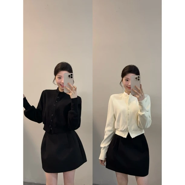 【颂宋】秋季法式黑色针织外套慵懒小香风短款开衫收腰上衣DT1690