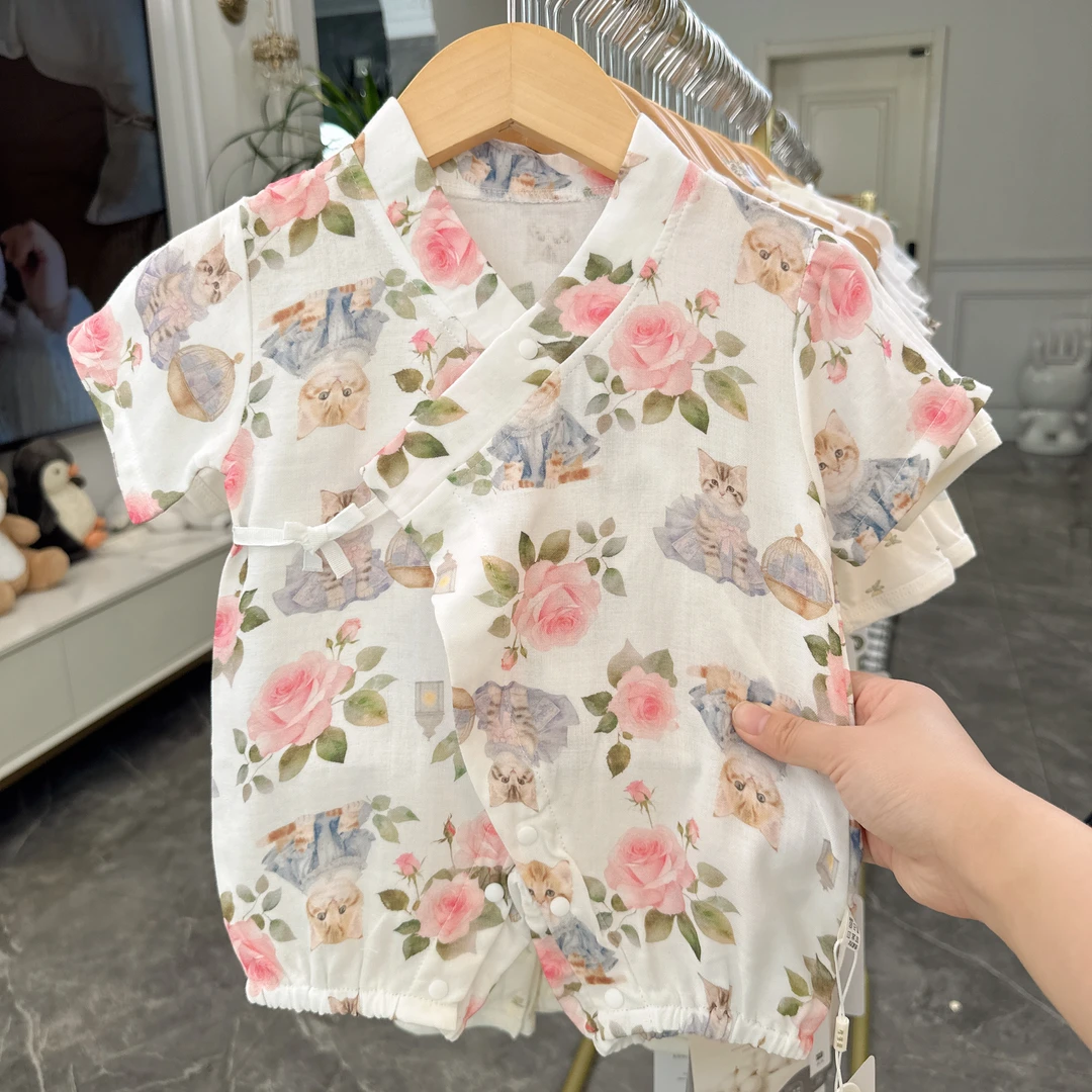 （胖米定制）新生儿婴幼儿竹棉纱布爬服夏款半袖蝴蝶衣连体衣