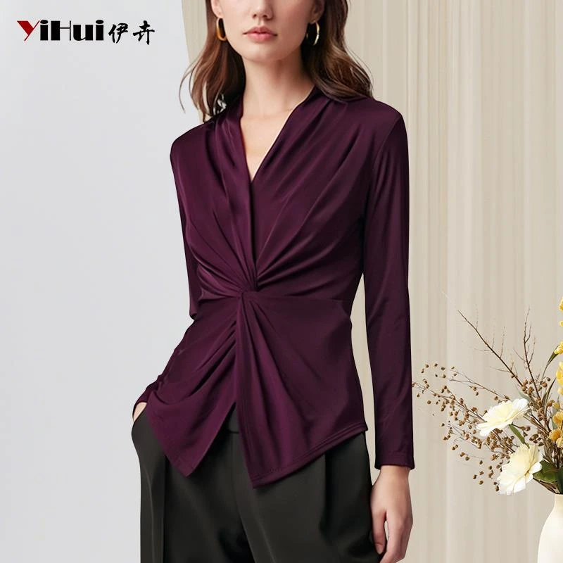 YIHUI伊卉法式设计感交叉v领弹力衬衫女春装新款收腰显瘦SC255697