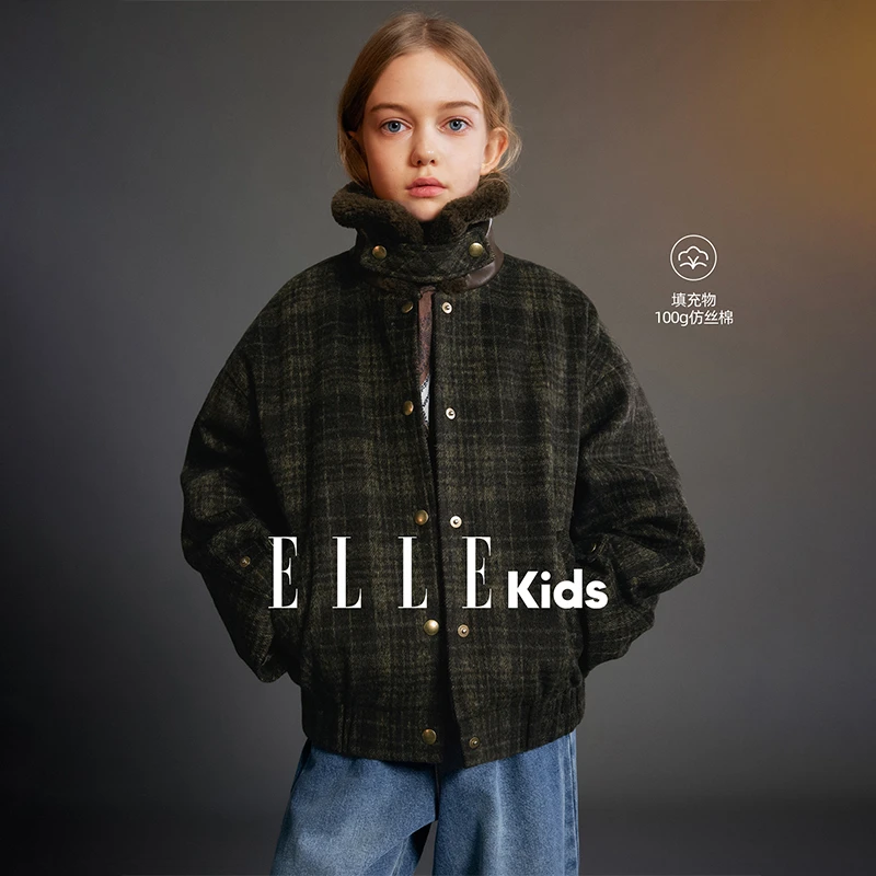ELLE KIDS童装 复古格纹毛领夹克女童冬季新款拼接廓形保暖外套D5