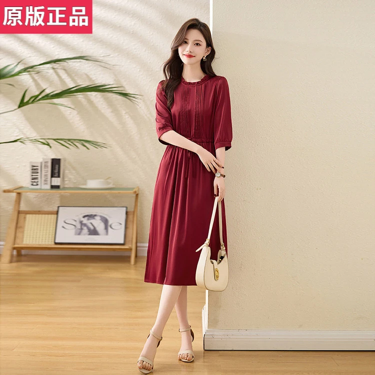 杭州高端妈妈桑蚕真丝连衣裙女2025新款夏季国际大牌红色婚礼裙子