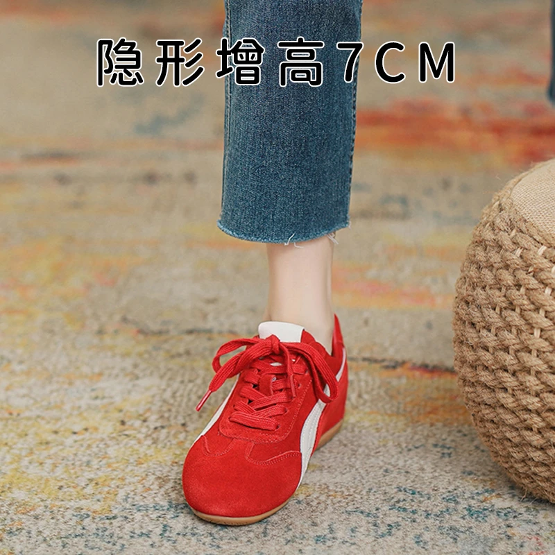 真皮内增高7厘米大红色德训鞋女小个子圆头阿甘鞋运动旅游休闲鞋