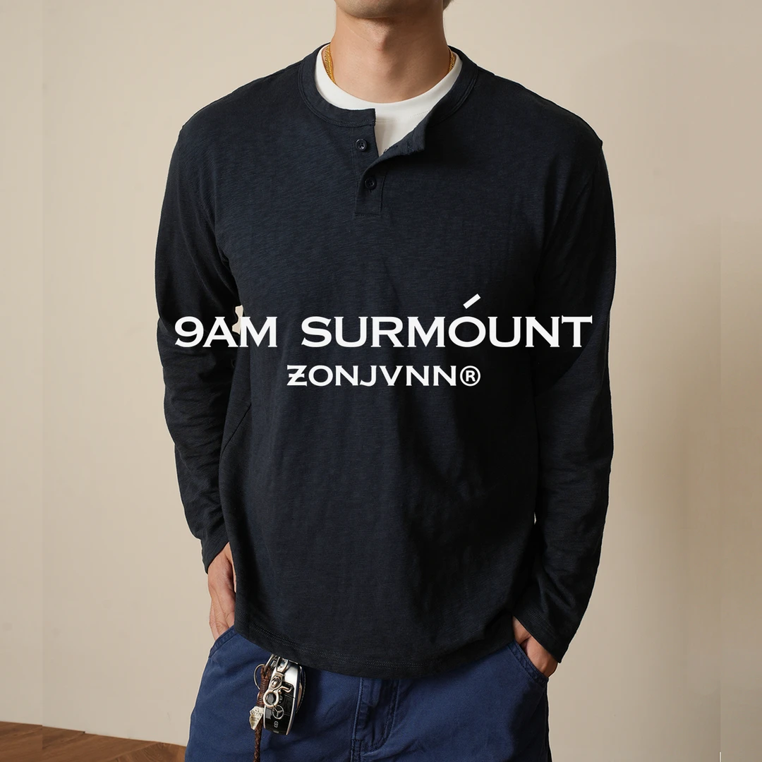 ZONJVNN竹节棉亨利假两件长袖T恤男士秋季打底衫休闲百搭上衣简约