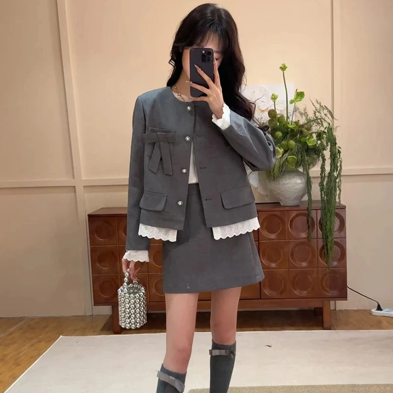 高级感韩系套装女2025春秋减龄少女千金风灰色显瘦上衣半裙两件套