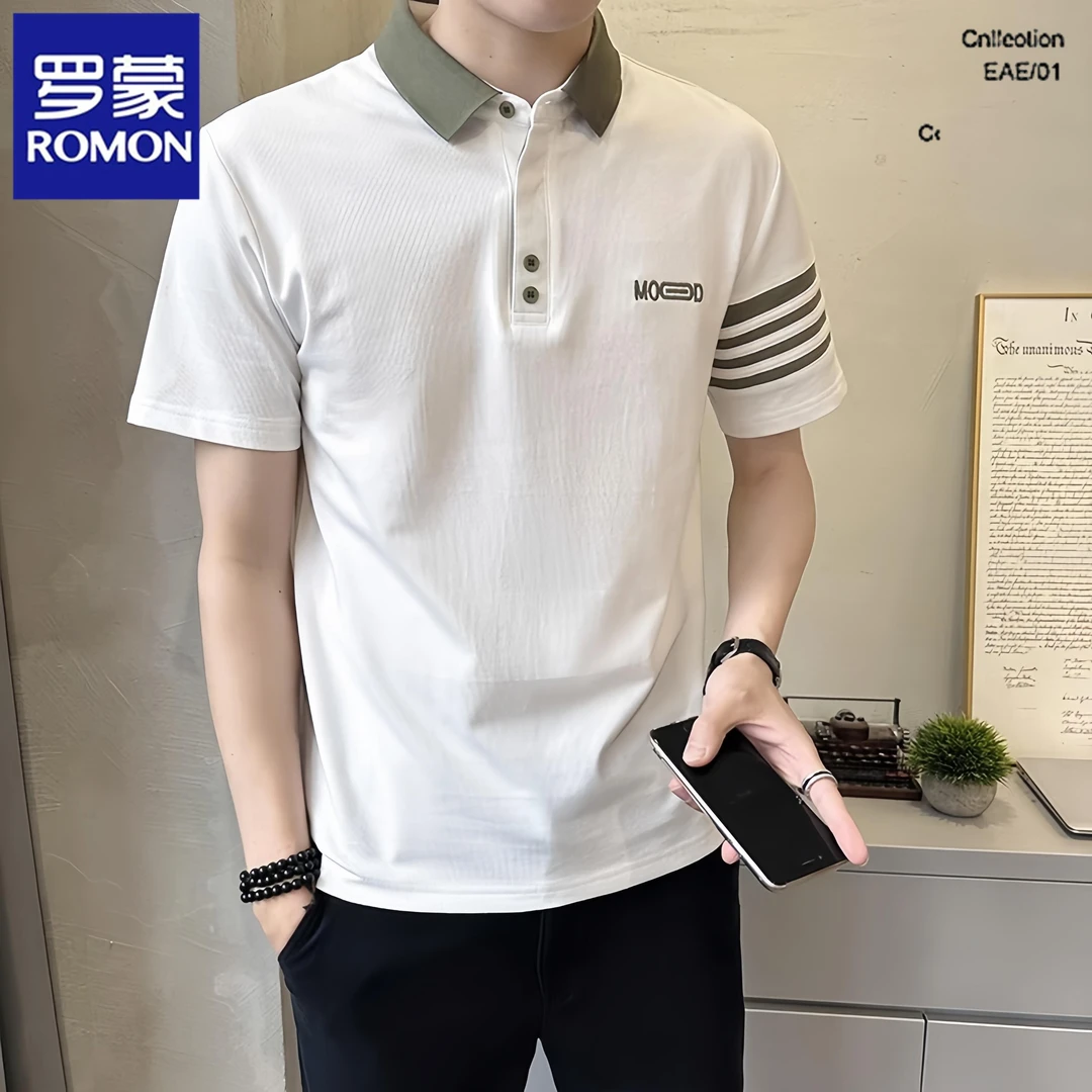 罗蒙夏季刺绣短袖t恤男士翻领polo衫新款修身帅气商务休闲时尚潮T