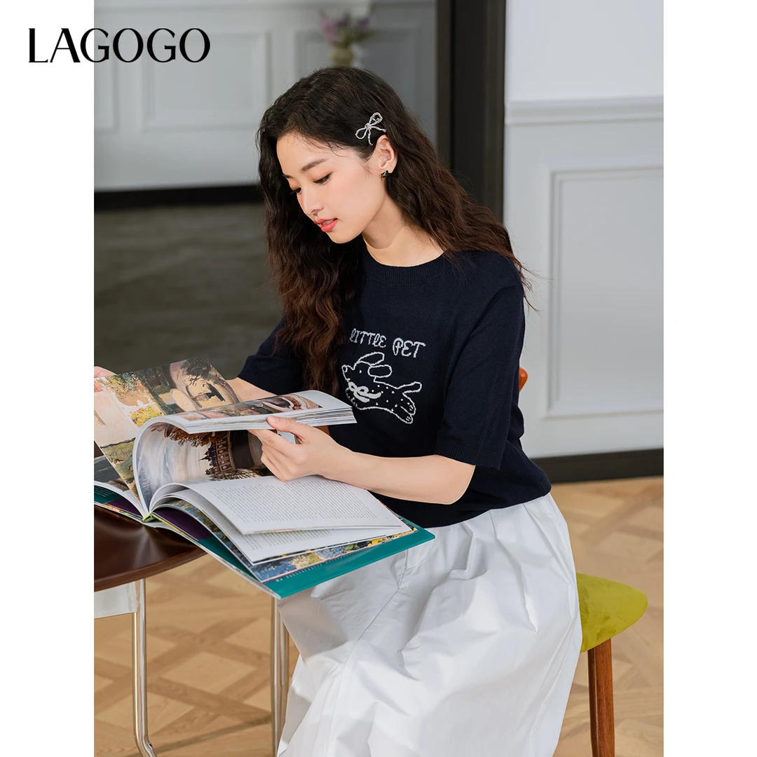 LAGOGO卡通小狗印花针织衫女拉谷谷2025春新款上衣T恤OAMM211G25