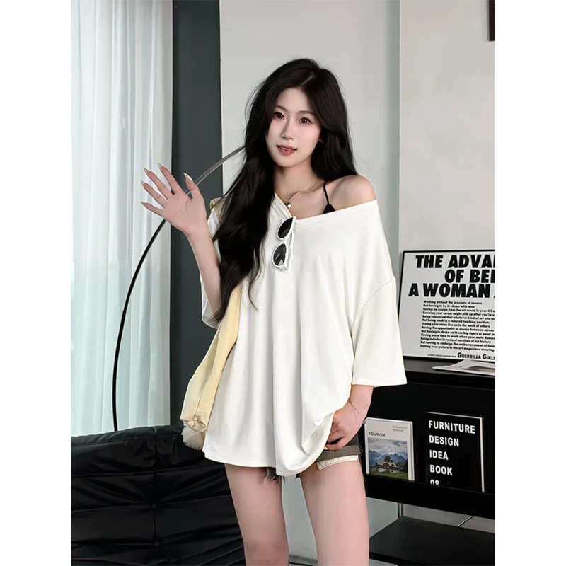 白色v领别致短袖T恤女夏季2025新款高级感独特设计超好看单穿上衣