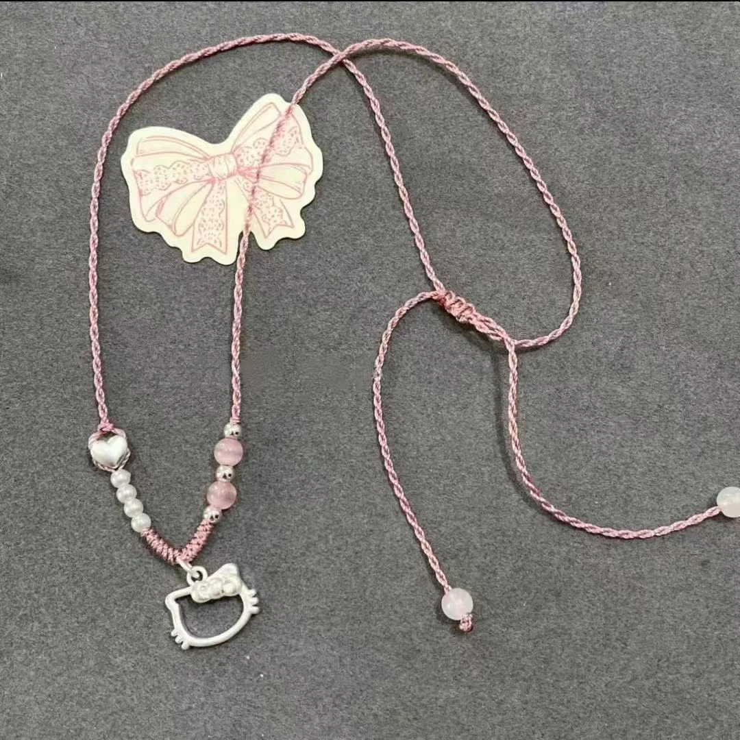 吊坠足银 999足银KT猫转运珠手工编织项链小猫坠链送女友朋友礼物