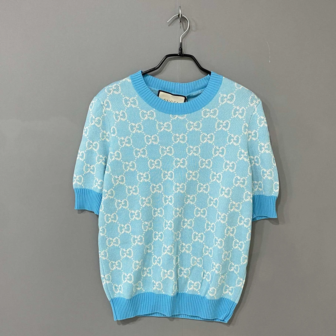 99新 GUCCI/古驰 蓝色老花满印针织短袖/M码/37488