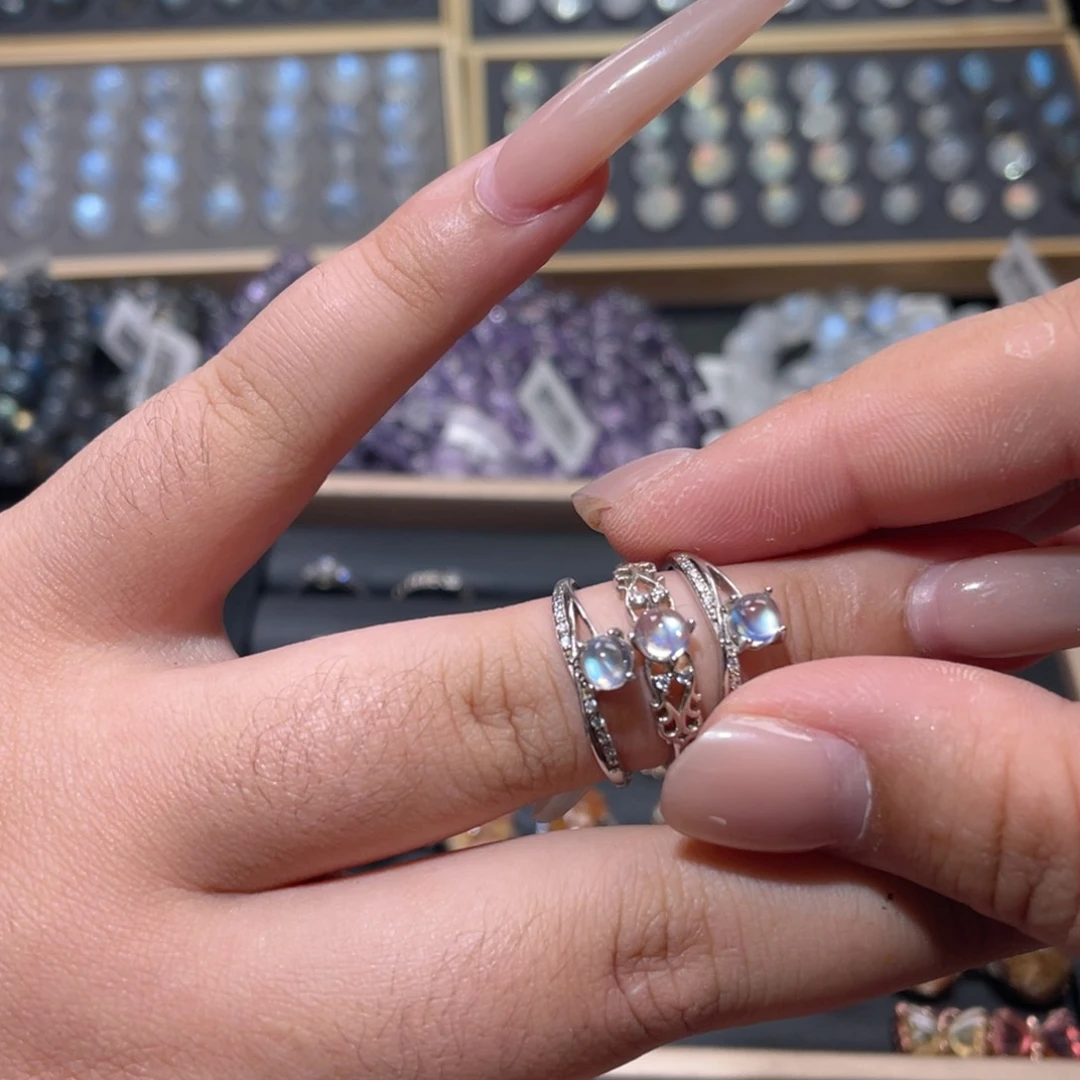 戒指银S925镶嵌长石蓝月光戒指活口