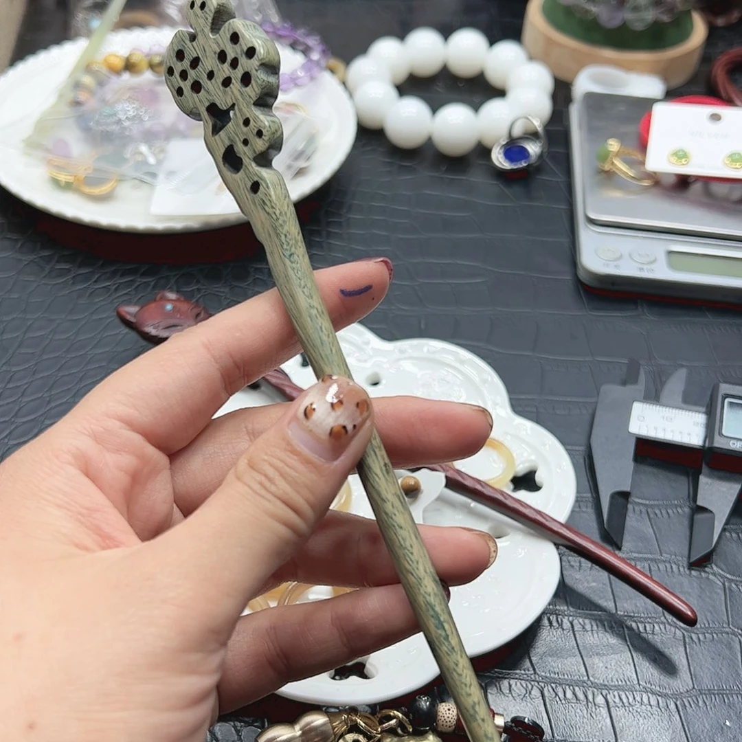 烟晶手链22K金镶嵌白****黑绿檀木发簪