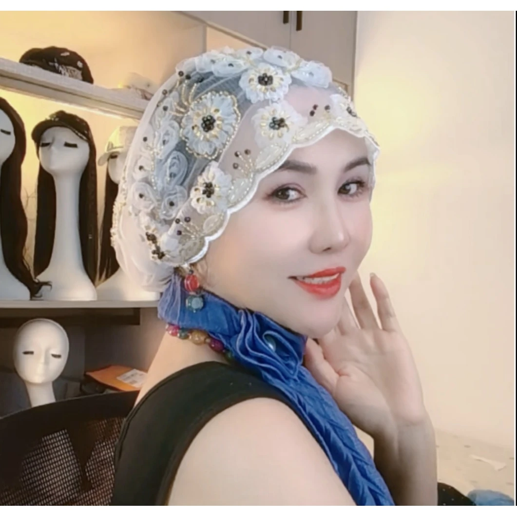 四季蕾丝钉珠花朵包头帽女士新款洋气时尚盘发遮白发民族风打底帽
