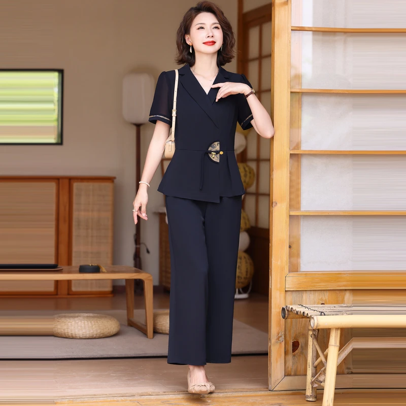 中老年短袖两件套时尚妈妈显瘦名媛宽松型阔腿裤夏季短袖套装女