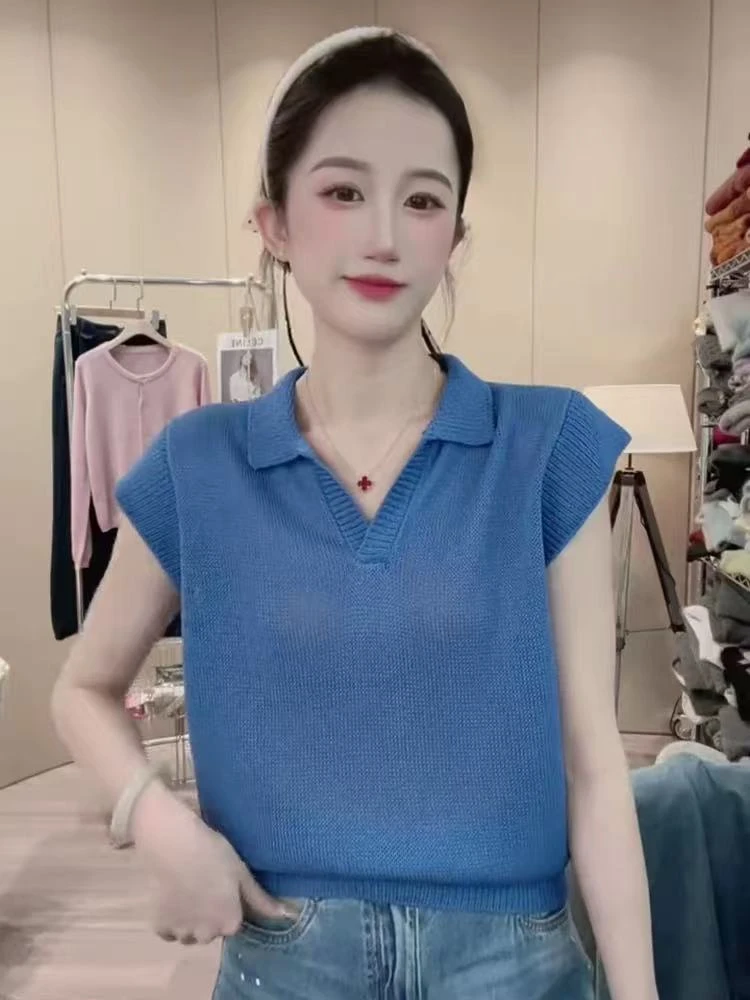 孔雀蓝polo」透气显瘦遮肉夏季百搭必备短袖针织衫女25夏季新款 58