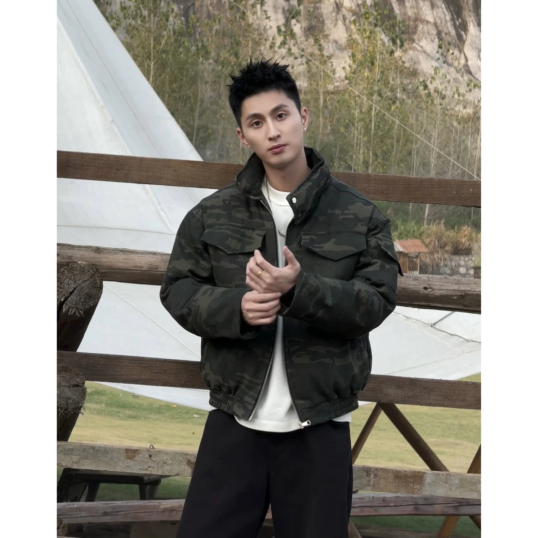 Aye美式痞帅短款立领美式牛仔布硬汉棉服秋冬工装冬季休闲男棉衣