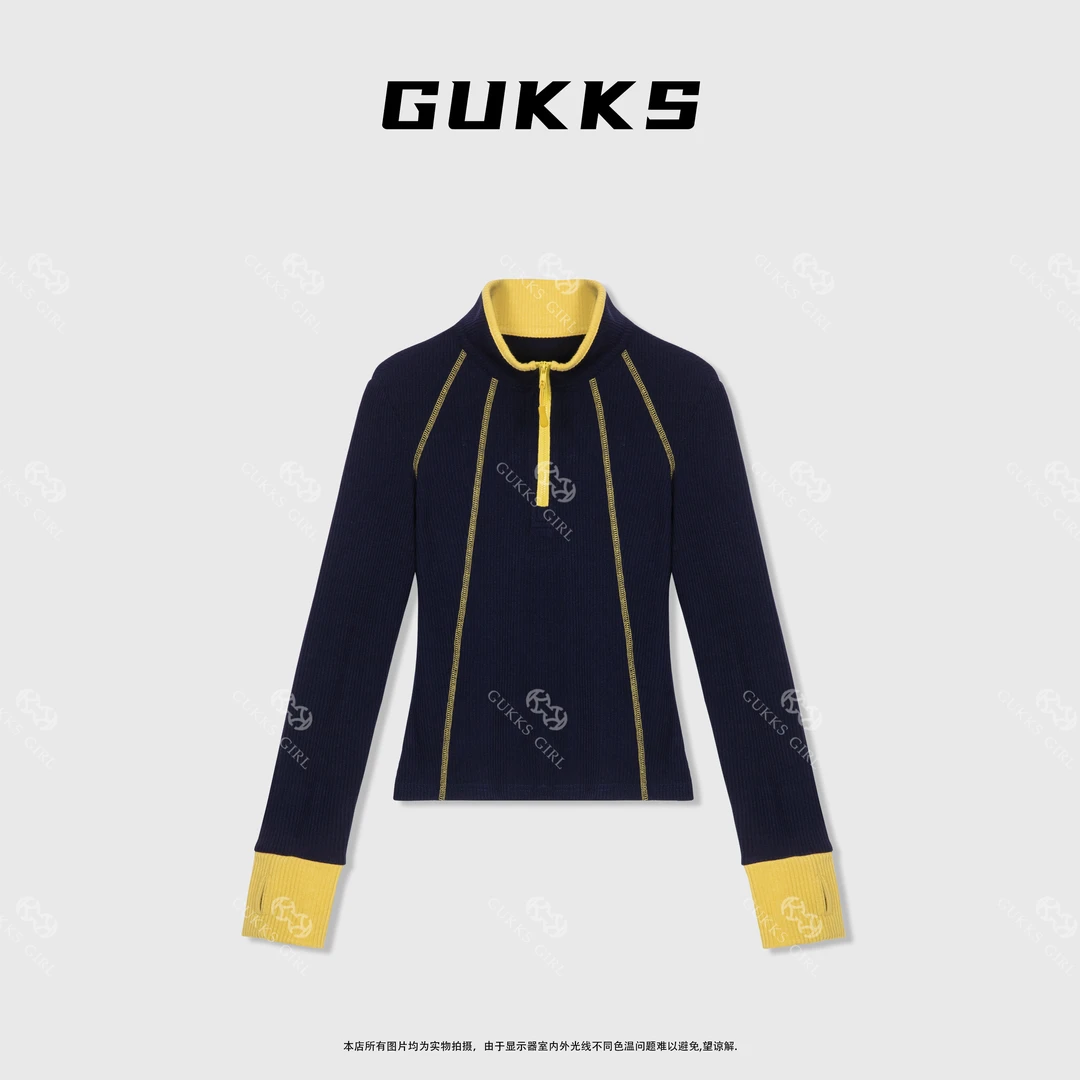 娜娜GUKKS//冬季新款休闲百搭显瘦重工明线半拉链撞色双面绒打底