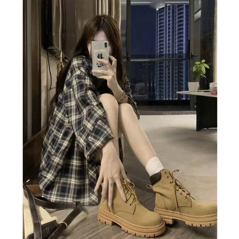 幂式秋季新款复古格纹衬衫女休闲外套长袖小众宽松衫衬衣港味女装