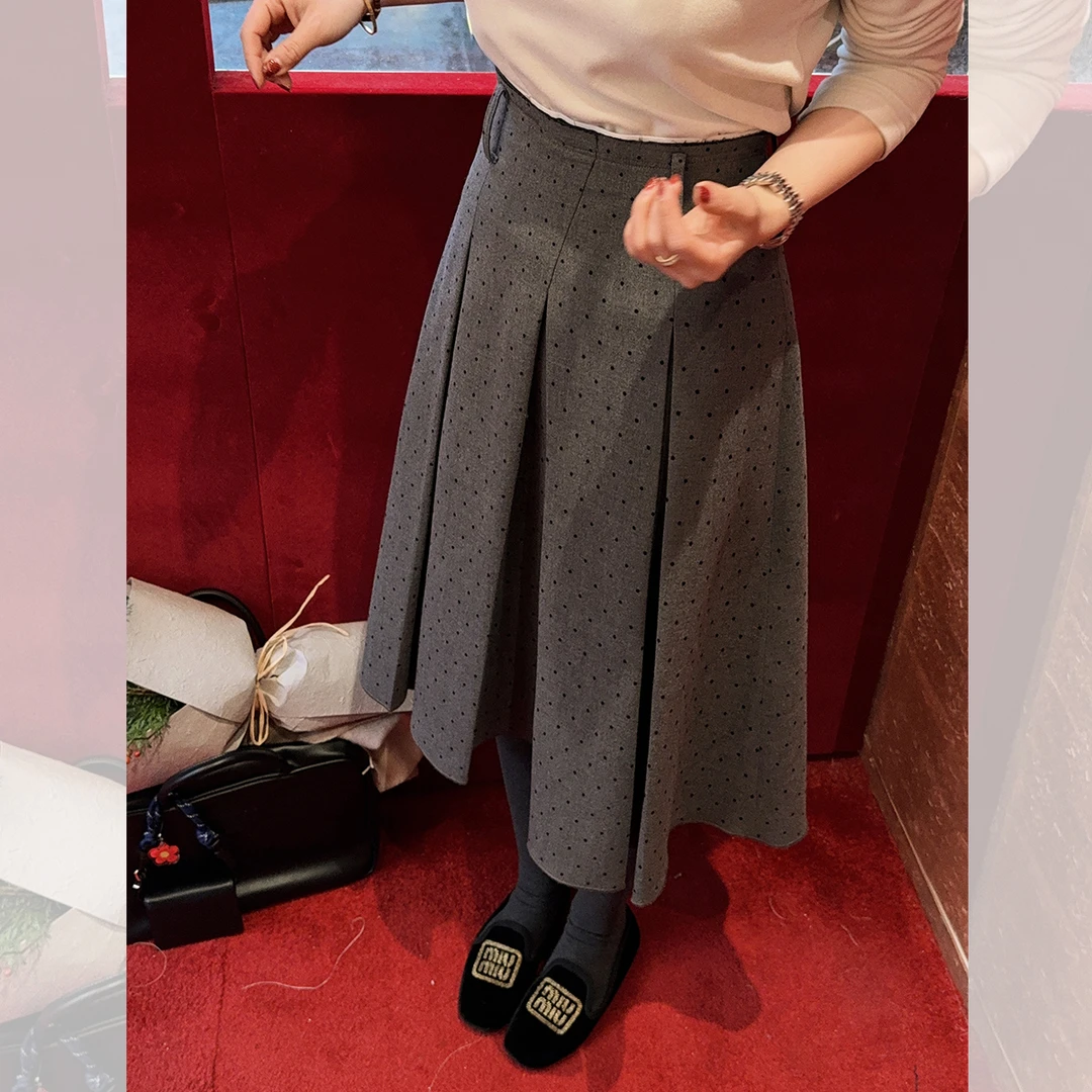 莉贝琳sisy波点半身裙洋气灰色中长款A字百褶裙子S25101SK01