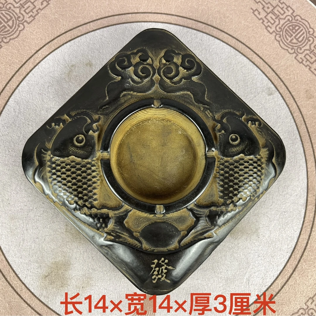 山西青石锦鲤烟灰缸茶室客厅精雕款复古桌面装饰摆件整石整雕