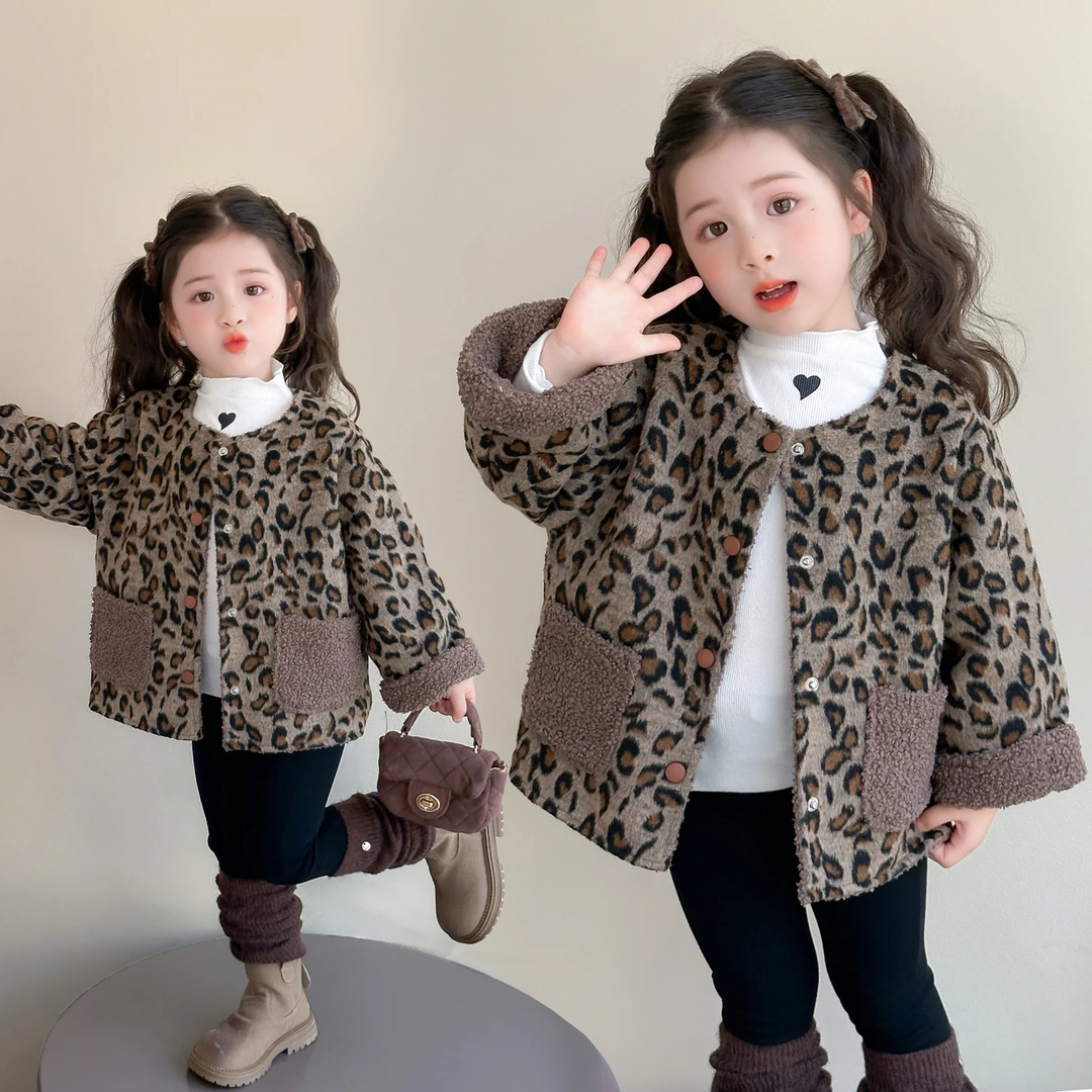女童豹纹加绒外套洋气秋冬装时髦女宝宝加厚上衣韩版小女孩衣服潮
