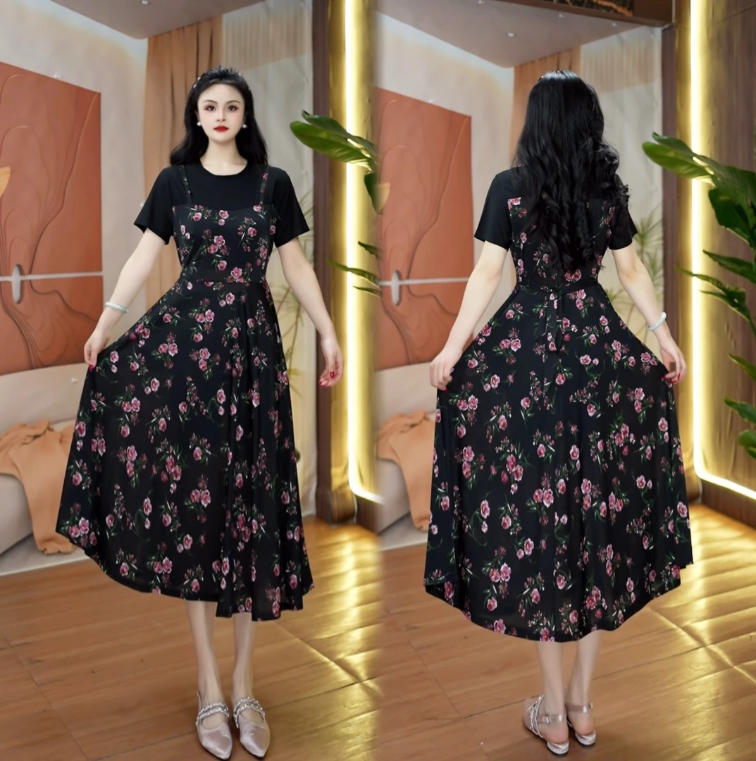 夏季碎花裙洋气拼接短袖连衣裙假两件遮肚显瘦气质连衣裙