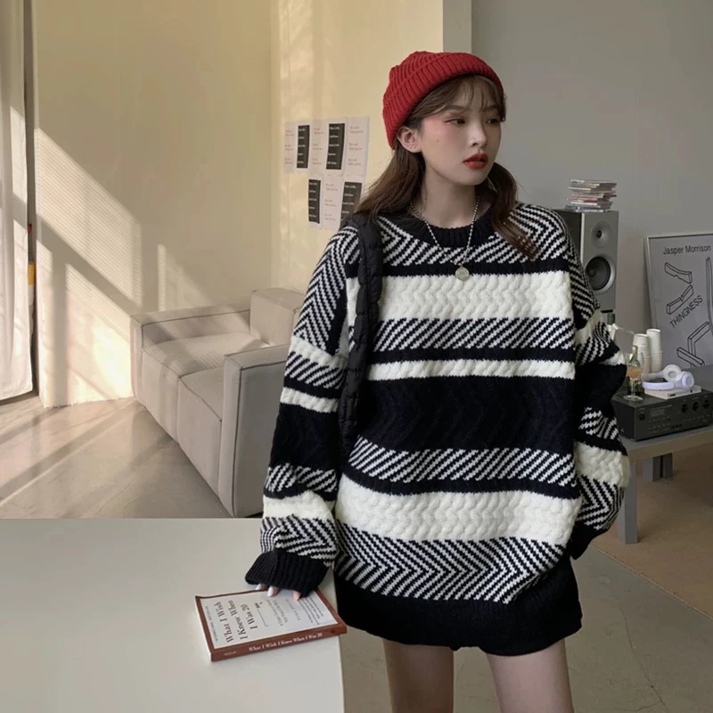 毛衣秋冬加厚上衣2024冬季大码条纹冬天打底针织衫长袖