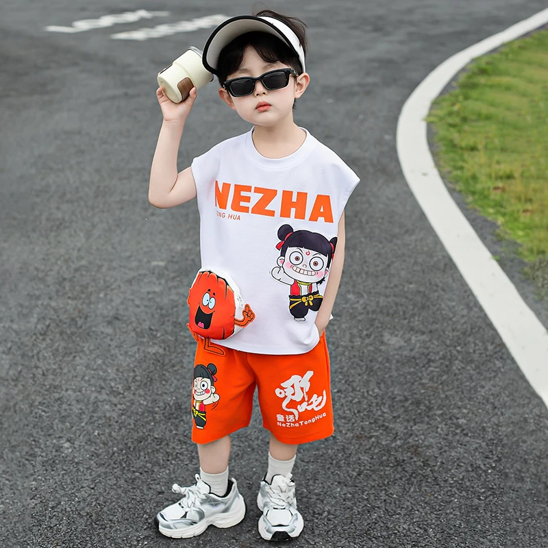 男童夏装套装儿童可爱超萌衣服中小童宝宝无袖背心两件套哪吒服装