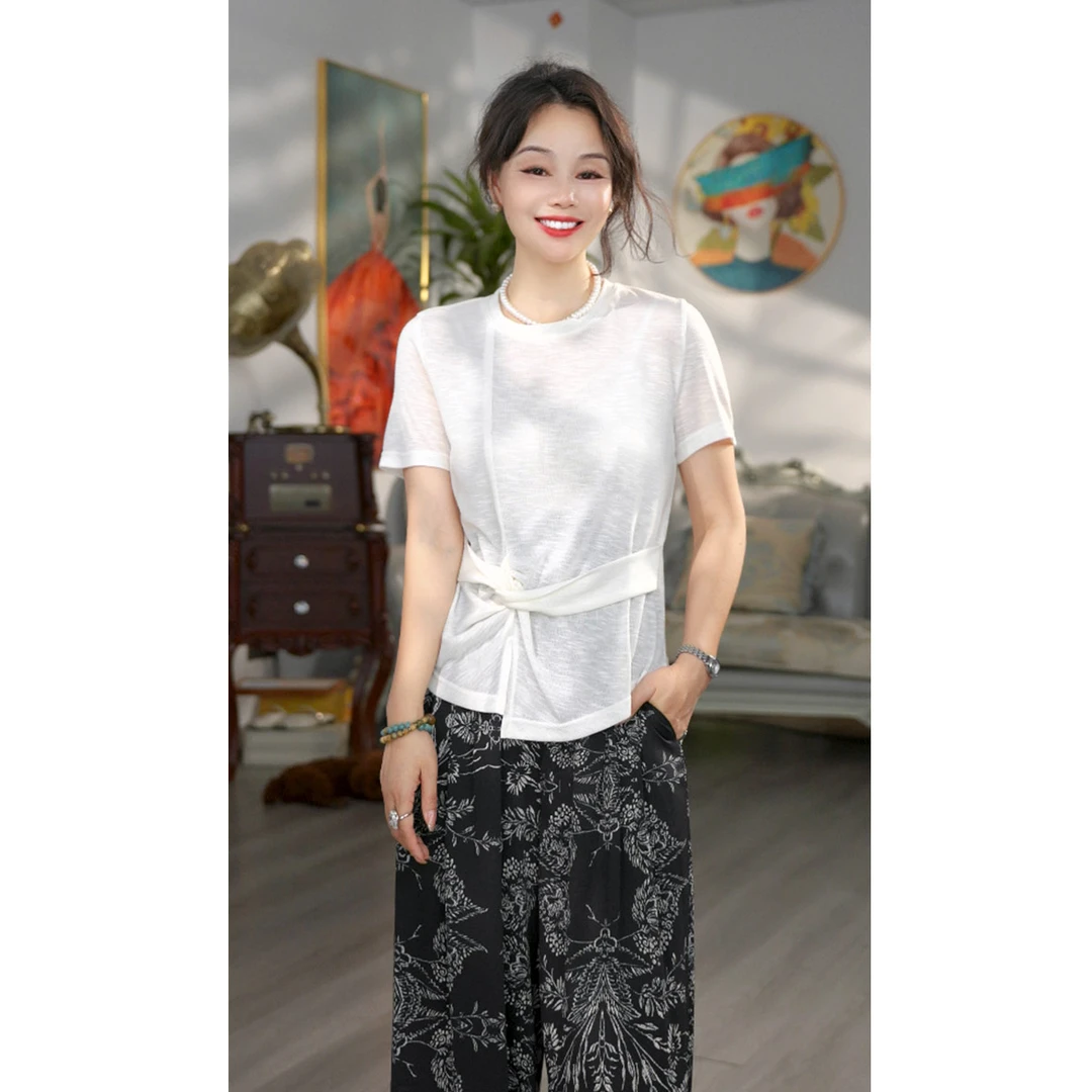 无印心匠D92263-1 不规则收腰绑带短袖阔腿裤时尚套装女 K995