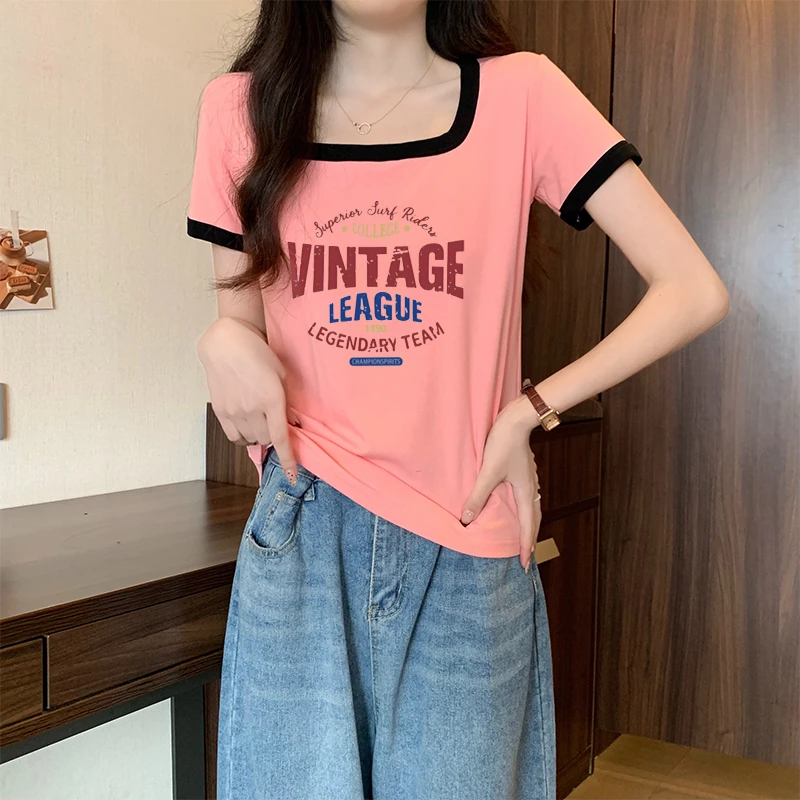 大码200斤夏季新款方领正肩字母印花短袖t恤女百搭显瘦遮肉上衣潮