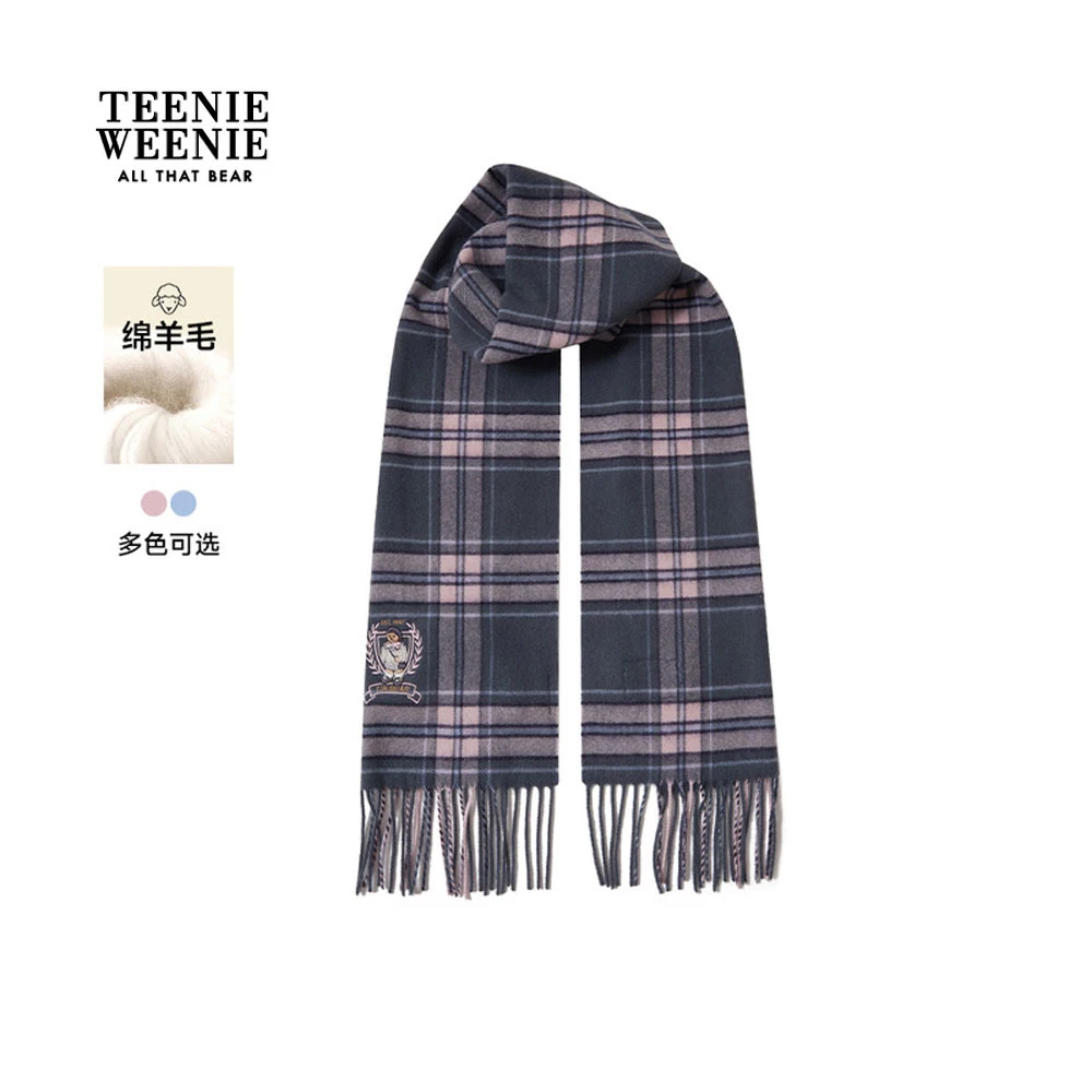 TeenieWeenie小熊25典雅格纹趣味刺绣绵羊毛流苏围巾TTAM25FC02T