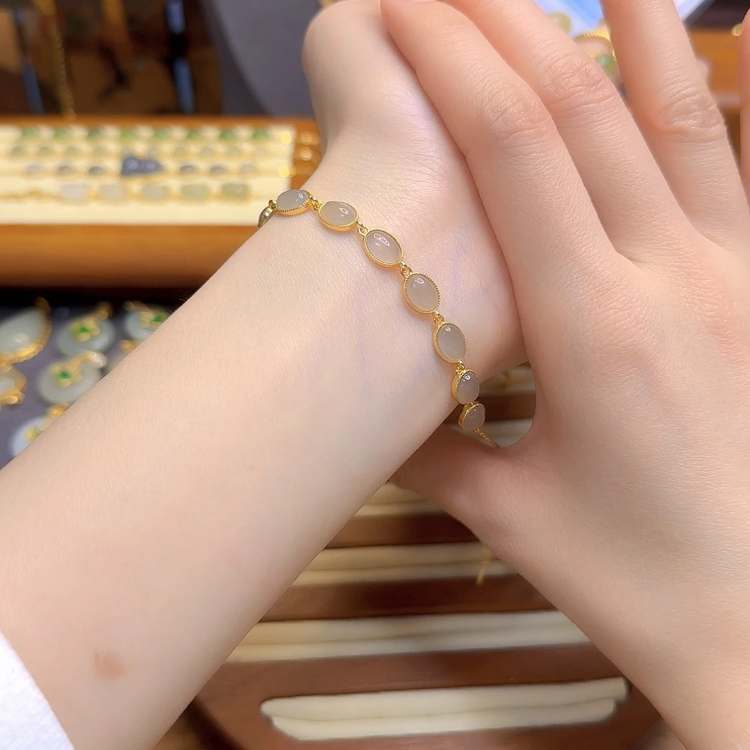 和田玉手链银S925镀金镶嵌