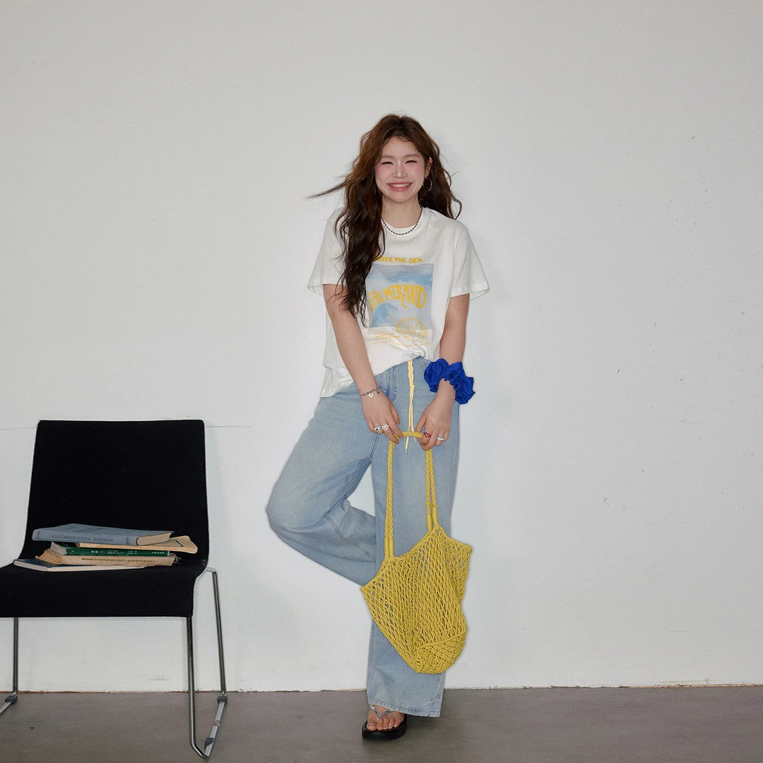 张大人【青空之翼】大码女装微胖妹妹宽松印花T恤ins刺绣牛仔阔腿裤