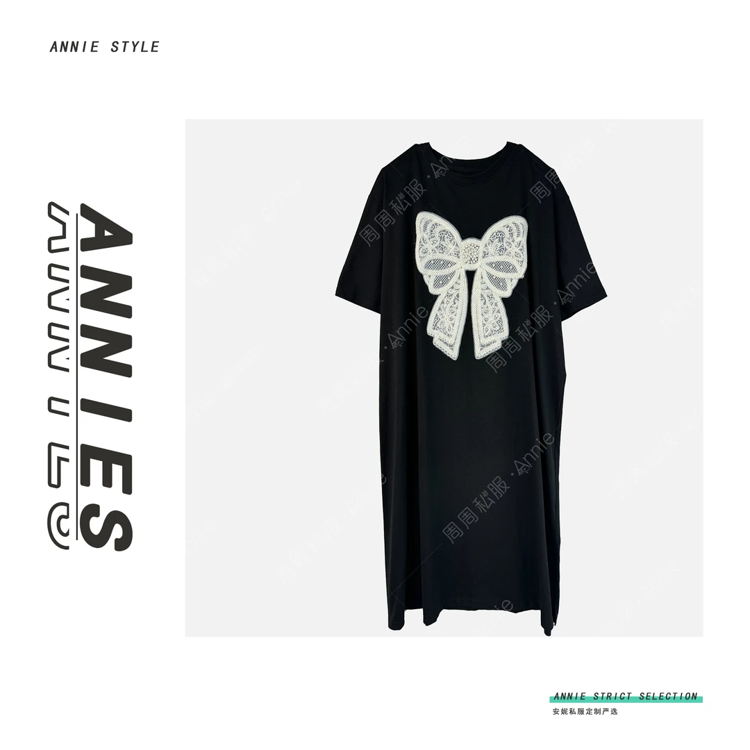 【安妮大码014】2025夏款简约蝴蝶结刺绣百搭弹性宽松大码显瘦长裙
