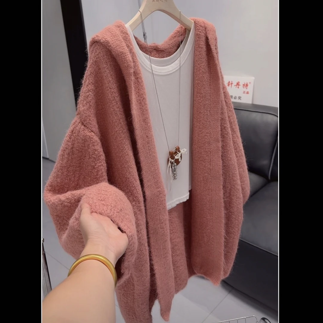 韩系连帽慵懒风灯笼袖毛衣开衫外套女秋季2025气质软糯休闲针织衫